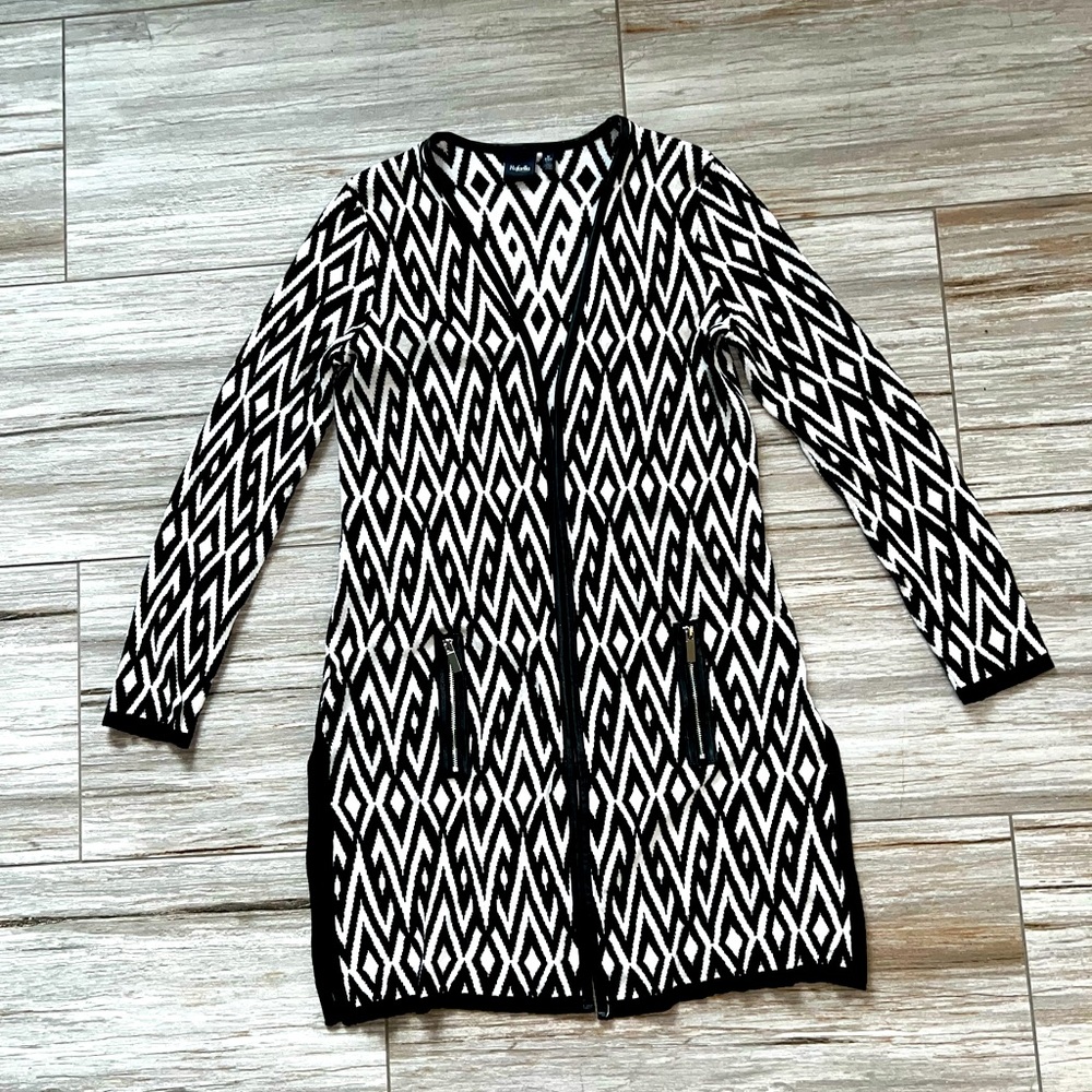 RAFAELLA BLACK WHITE LONG COTTON CARDIGAN Size Small